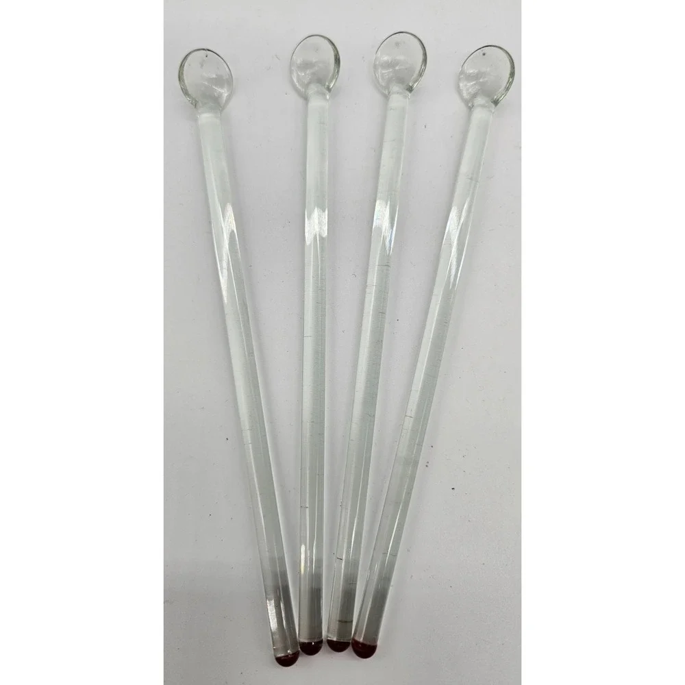 VINTAGE Set of‎ 8 Clear Glass Stirrers with Round RED Ends Cocktail Drink Mixers